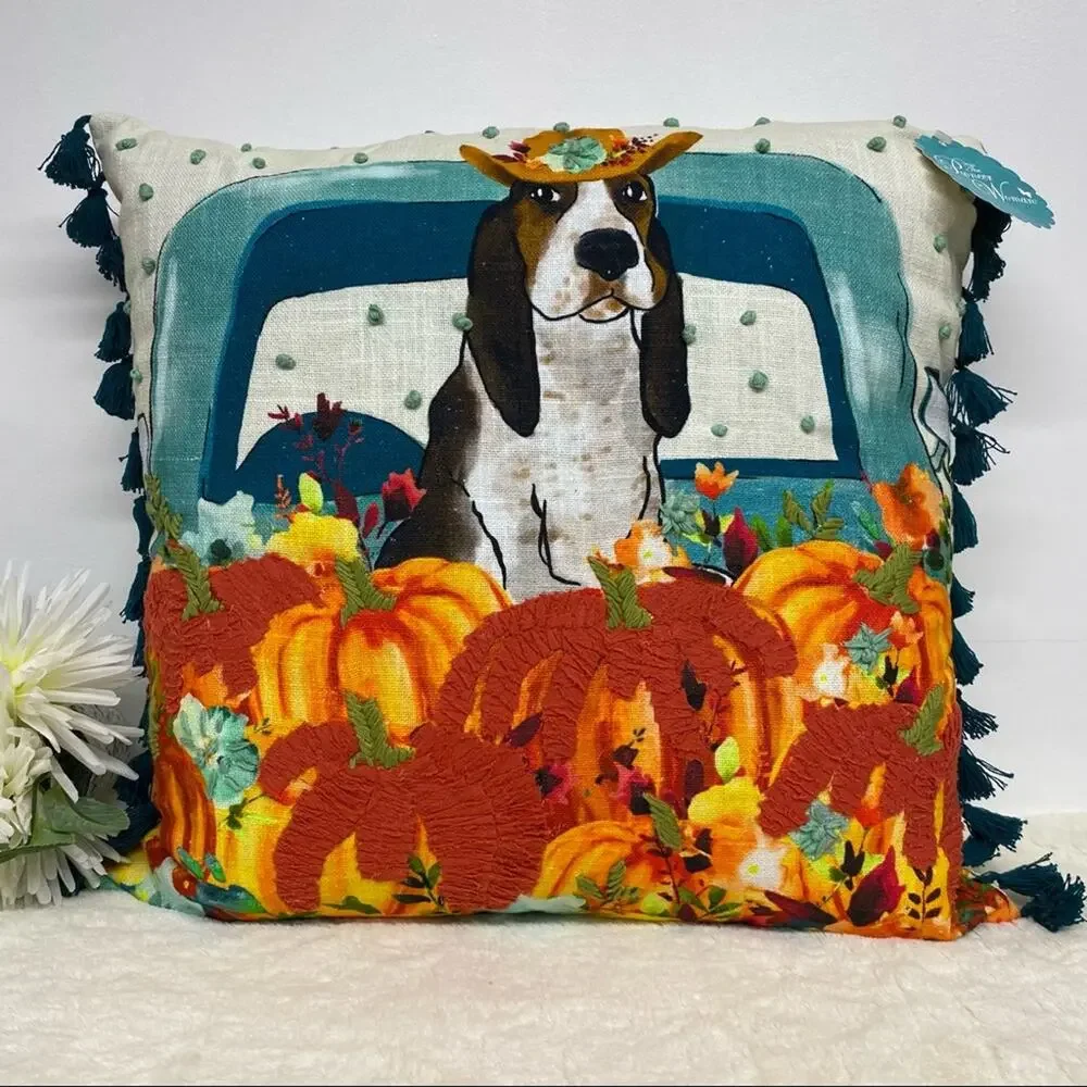 Pioneer Woman Charlie Pillow Fall Bassett Hound Dog Pumpkin Embroidered Decor